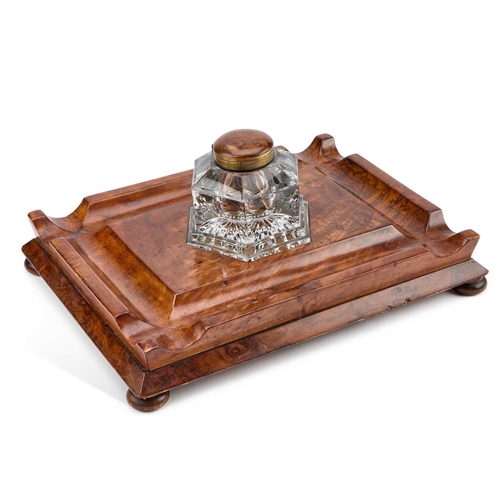 293 - A LARGE VICTORIAN BURR WALNUT INKSTAND 37cm long