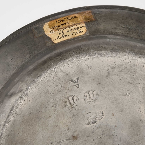 33 - THREE ENGLISH PEWTER CHARGERS, CIRCA 1700 including Baldwin of Wigan. (3) Largest 42cm diameterThe W... 