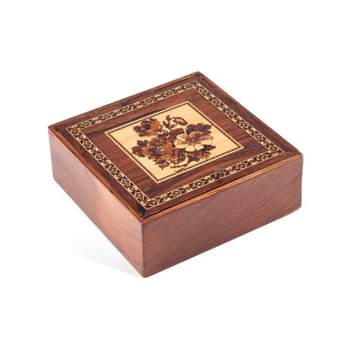 6 - A ROSEWOOD AND TUNBRIDGE WARE HANKERCHIEF BOX, PROBABLY BY THOMAS BARTON square, the hinged cover in... 