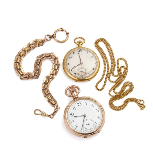 64 - TWO OPEN FACED POCKET WATCHES WITH CHAINS two open faced pocket watches by Judex and Rands accompani... 