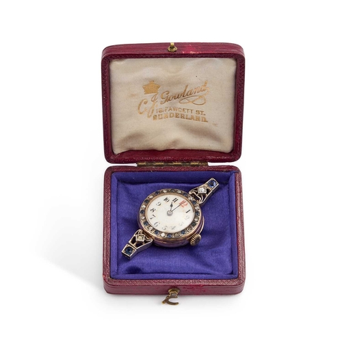 72 - A RUSSIAN 14 KARAT GOLD LADIES COCKTAIL WATCH set with white and blue stones, some testing as diamon... 