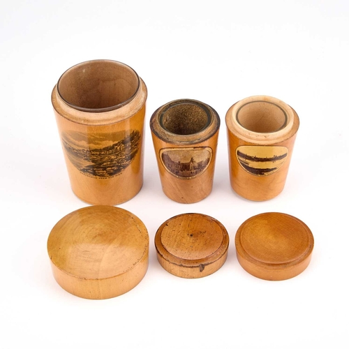 8 - THREE MAUCHLINE WARE GLASS HOLDERS each decorated with a titled and printed scene. (3) Tallest 10.5c... 