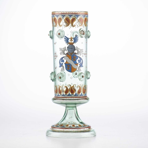 91 - A GERMAN ARMORIAL GOBLET, PROBABLY BY FRITZ HECKERT, CIRCA 1870, the cylindrical body of green glass... 