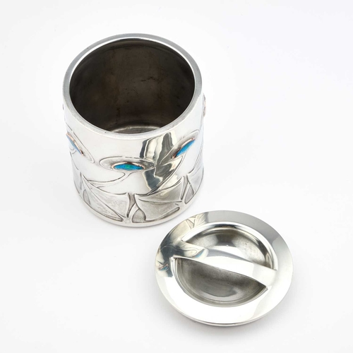 135 - ARCHIBALD KNOX (1864-1933) FOR LIBERTY & CO, A TUDRIC PEWTER AND ENAMEL BISCUIT BARREL cylindrical, ... 