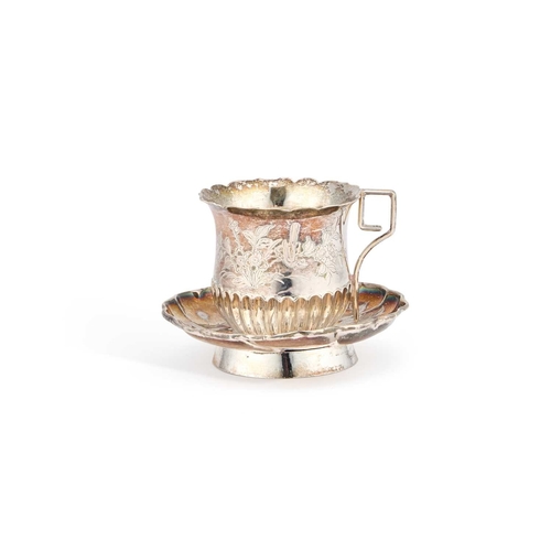 165 - A CHINESE SILVER CUP AND SAUCER late 19th Century, engraved with birds and blossom. (2) Cup 6cm high... 