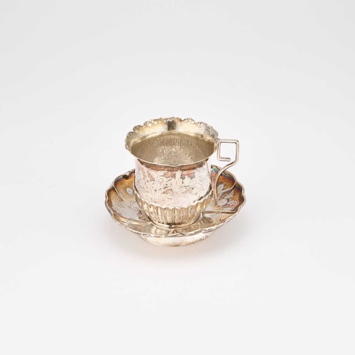 165 - A CHINESE SILVER CUP AND SAUCER late 19th Century, engraved with birds and blossom. (2) Cup 6cm high... 