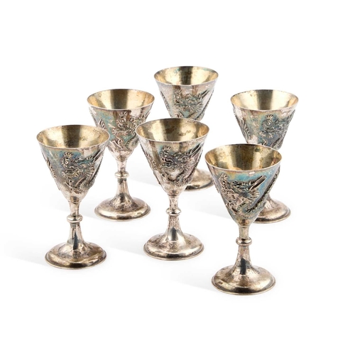 168 - A SET OF SIX SMALL CHINESE SILVER GOBLETS each stamped WK90 and with an artisan mark, early 20th Cen... 