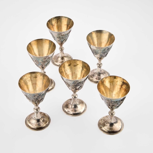 168 - A SET OF SIX SMALL CHINESE SILVER GOBLETS each stamped WK90 and with an artisan mark, early 20th Cen... 