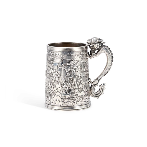 170 - A RARE MID-19TH CENTURY CHINESE SILVER MUG mark of Hou Cheong, Canton, of tapering cylindrical form ... 