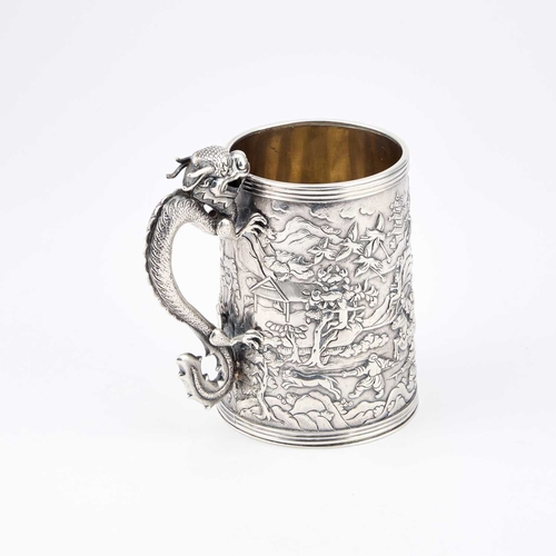 170 - A RARE MID-19TH CENTURY CHINESE SILVER MUG mark of Hou Cheong, Canton, of tapering cylindrical form ... 