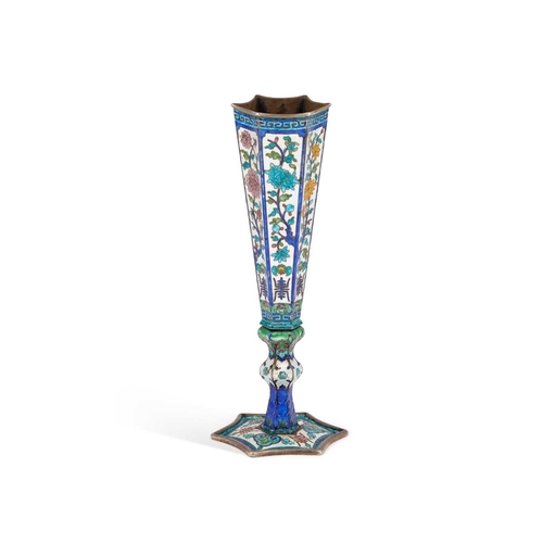 171 - A CHINESE SILVER AND ENAMEL FLOWER VASE late 19th/ early 20th Century, signed to the base, the taper... 