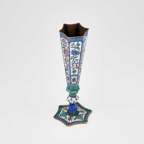 171 - A CHINESE SILVER AND ENAMEL FLOWER VASE late 19th/ early 20th Century, signed to the base, the taper... 