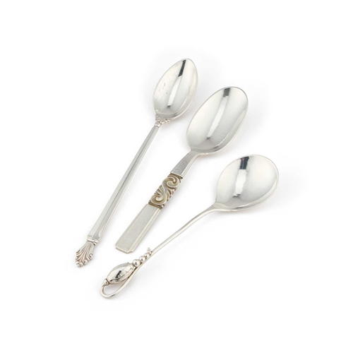 176 - GEORG JENSEN: THREE DANISH STERLING SILVER SPOONS by Georg Jensen. (3) Longest 18cm, 3.1 troy ounces... 