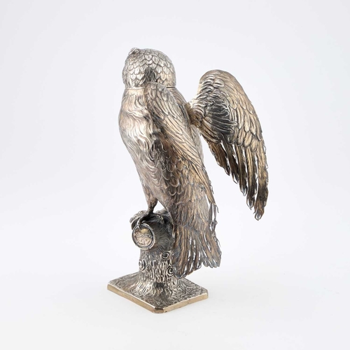 184 - A LARGE GERMAN SILVER MODEL OF AN OWL Hanau marks, late 19th Century, modelled perched on a tree stu... 