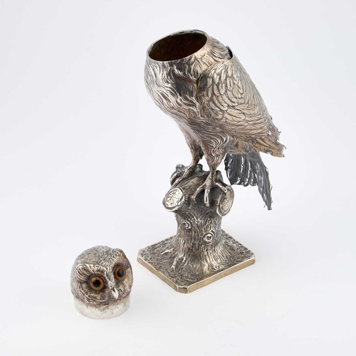 184 - A LARGE GERMAN SILVER MODEL OF AN OWL Hanau marks, late 19th Century, modelled perched on a tree stu... 