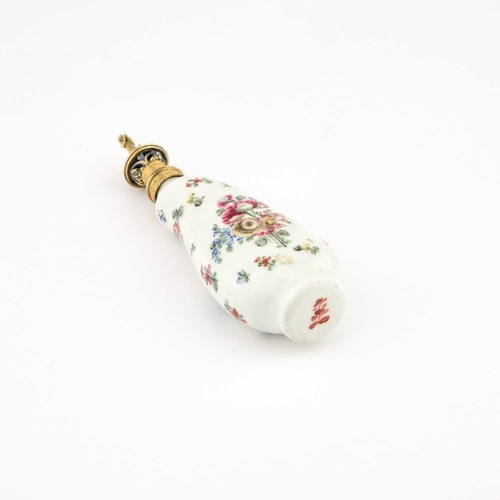 25 - AN 18TH CENTURY PORCELAIN SCENT FLASK painted with summer flowers, the screw stopper surmounted by t... 