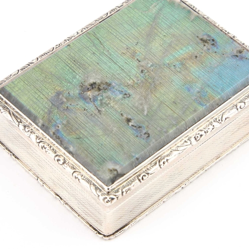 267 - A GEORGE VI SILVER AND LABRADORITE SNUFF BOX by G S Twist, Birmingham 1937, rectangular, the hinged ... 