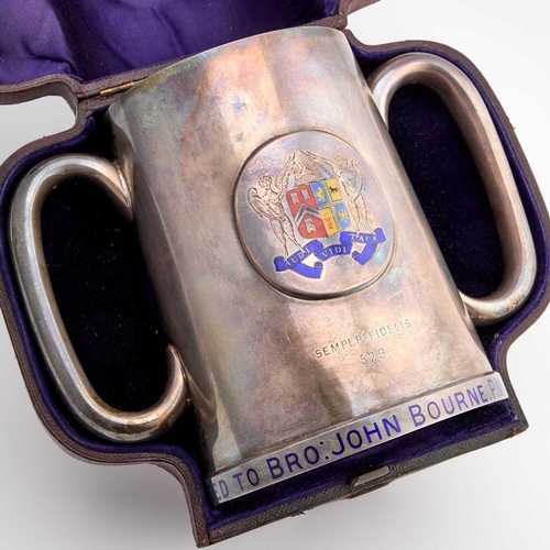 300 - MASONIC INTEREST: A LARGE VICTORIAN SILVER AND ENAMEL TWO-HANDLED CUP by Daniel & Charles Houle,... 