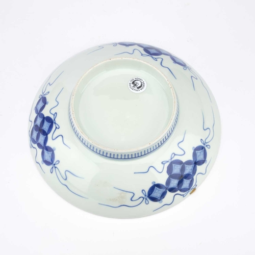 47 - A JAPANESE BLUE AND WHITE PORCELAIN FOOTED DISH circular with rounded sides, the bowl painted with f... 