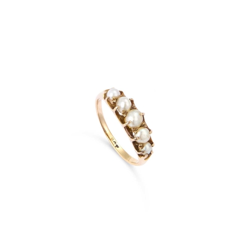 539 - A FIVE STONE PEARL HALF HOOP RING graduated pearls in claw settings, stamped '18CT'. Ring size K, 2.... 