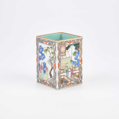 54 - A SMALL CHINESE PORCELAIN BRUSH POT, BITONG of square section, enamel painted to each side with figu... 