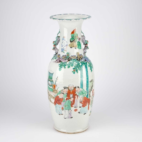 57 - A LARGE 19TH CENTURY CHINESE PORCELAIN VASE enamel painted with scholarly figures, the neck applied ... 