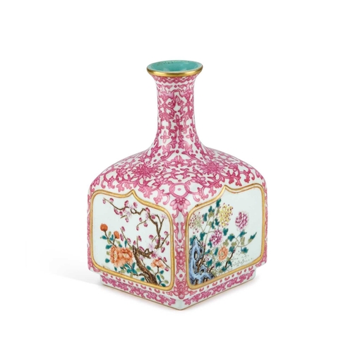 63 - A CHINESE PUCE-DECORATED FAMILLE ROSE VASE bottle-shaped, the waisted neck continuing to a square ba... 