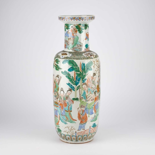 70 - A LARGE 19TH CENTURY CHINESE FAMILLE VERTE PORCELAIN ROULEAU VASE IN KANGXI STYLE enamel painted in ... 