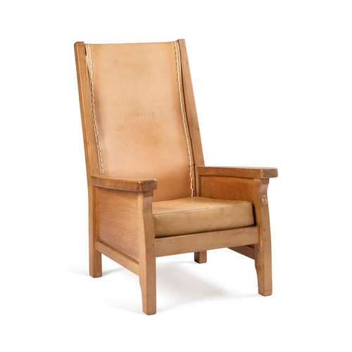 788 - ROBERT THOMPSON OF KILBURN, A MOUSEMAN OAK SMOKING CHAIR slung leather back, straight arms, solid se... 