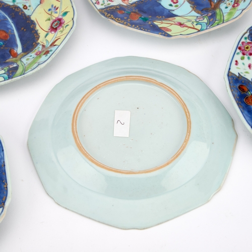 107 - SIX CHINESE 'PSEUDO-TOBACCO LEAF' PLATES, QIANLONG octagonal, brightly enamelled and gilt with deep ... 