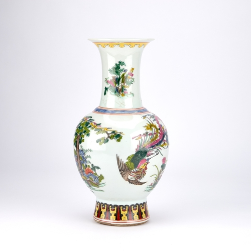 120 - A LARGE CHINESE FAMILLE ROSE PORCELAIN VASE the ovoid body issuing a flared neck, enamel painted wit... 