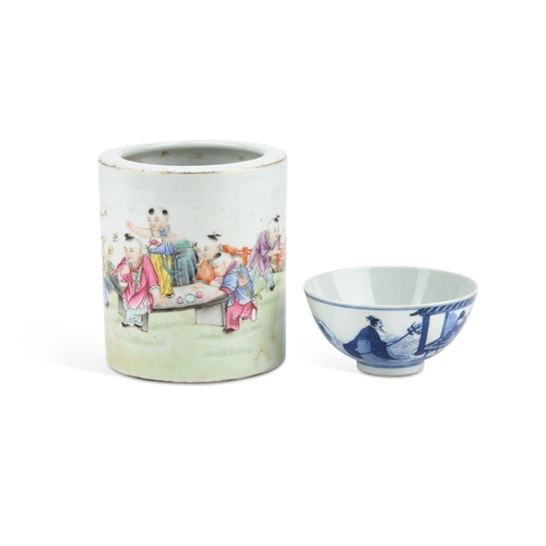 124 - A CHINESE FAMILLE ROSE PORCELAIN BRUSH POT cylindrical, painted with boys at play, bearing an iron-r... 