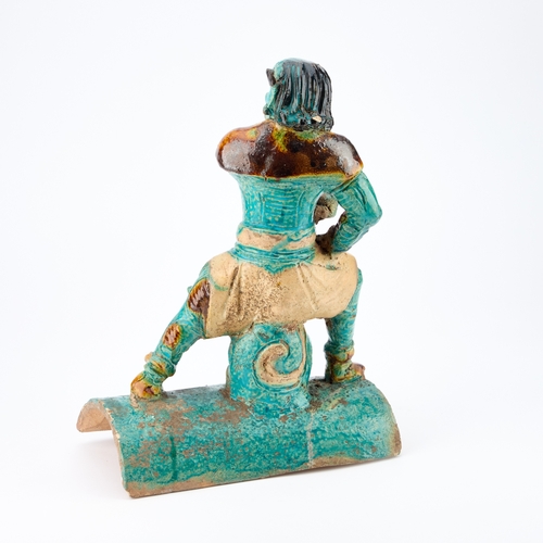 136 - A CHINESE TURQUOISE-GLAZED 'WARRIOR' ROOF TILE, MING DYNASTY 34cm high