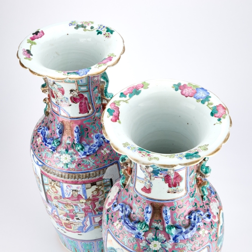 141 - A LARGE PAIR OF CHINESE FAMILLE ROSE VASES CANTON, MID-19TH CENTURY of baluster form, the waisted ne... 