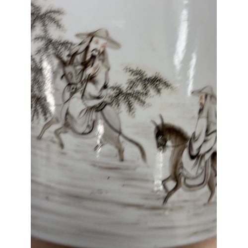 156 - A CHINESE GRISAILLE DECORATED BRUSH POT, BITONG painted with mounted figures and a single figure in ... 