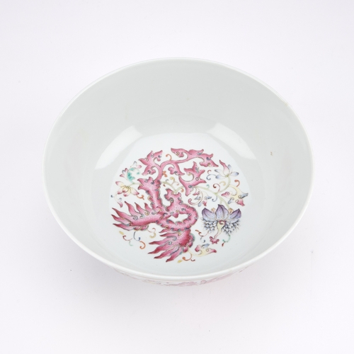 157 - A CHINESE FAMILLE ROSE PORCELAIN 'PHOENIX' BOWL the exterior brightly enamelled with four stylised p... 