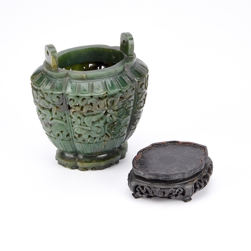 177 - A CHINESE SPINACH JADE CENSER 19TH CENTURY OR EARLIER the tapering lobed oval body with rounded side... 