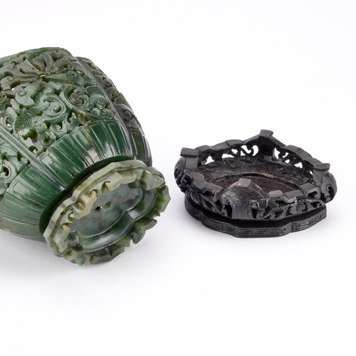 177 - A CHINESE SPINACH JADE CENSER 19TH CENTURY OR EARLIER the tapering lobed oval body with rounded side... 