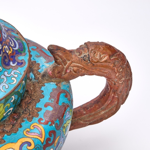 180 - A CHINESE CLOISONNÉ ENAMEL OVERSIZED TEAPOT of striking proportions, the squat, shouldered body surm... 