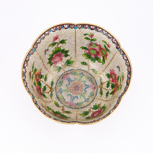 184 - A CHINESE PLIQUE-À-JOUR BOWL the lobed deep-sided bowl enamelled with flowers and foliage. 8.5cm hig... 