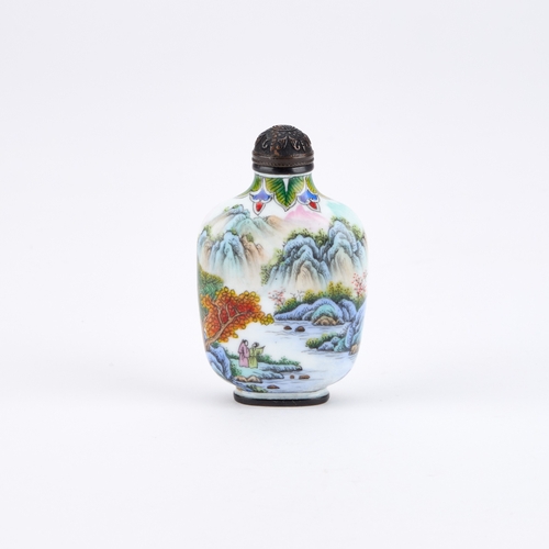 201 - A 19TH CENTURY CHINESE ENAMEL SNUFF BOTTLE of compressed shouldered form, painted with a mountainous... 