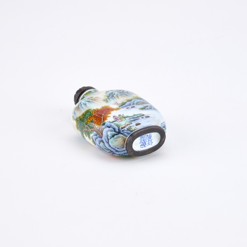 201 - A 19TH CENTURY CHINESE ENAMEL SNUFF BOTTLE of compressed shouldered form, painted with a mountainous... 