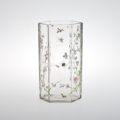 23 - AN ART NOUVEAU FRENCH ENAMELLED AND CUT GLASS VASE ATTRIBUTED TO BACCARAT the six-sided body finely ... 