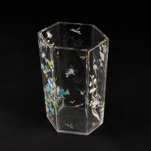 23 - AN ART NOUVEAU FRENCH ENAMELLED AND CUT GLASS VASE ATTRIBUTED TO BACCARAT the six-sided body finely ... 