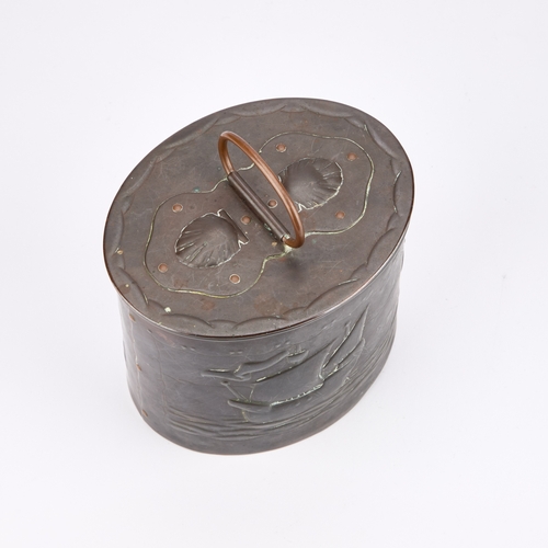 235 - A NEWLYN COPPER TEA CADDY oval form, decorated with three galleons on the sea, the pull-off cover wi... 