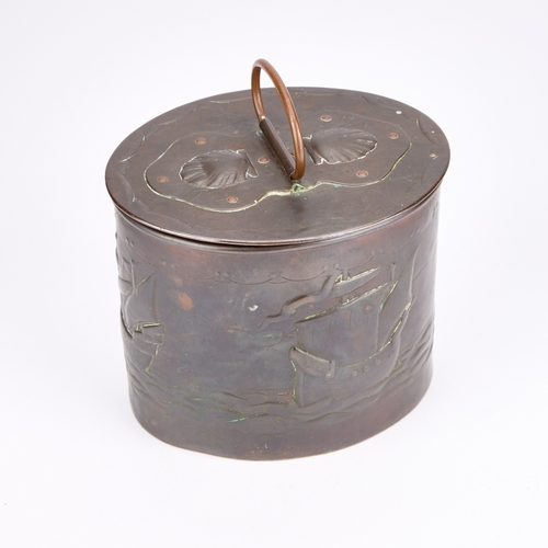 235 - A NEWLYN COPPER TEA CADDY oval form, decorated with three galleons on the sea, the pull-off cover wi... 