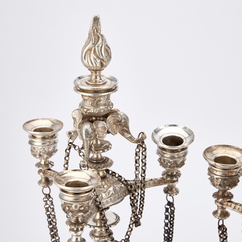 242 - A PAIR OF 19TH CENTURY SILVER-PLATED CANDELABRA each with tapering columnar stems surmounted by elep... 