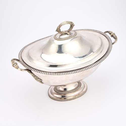 246 - A 19TH CENTURY SILVER-PLATED SOUP TUREEN oval with rounded sides and twin handles, the domed cover w... 