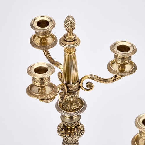 250 - A PAIR OF LATE 19TH CENTURY FRENCH PLATED SILVER-GILT CANDELABRA each with a three-branch superstruc... 