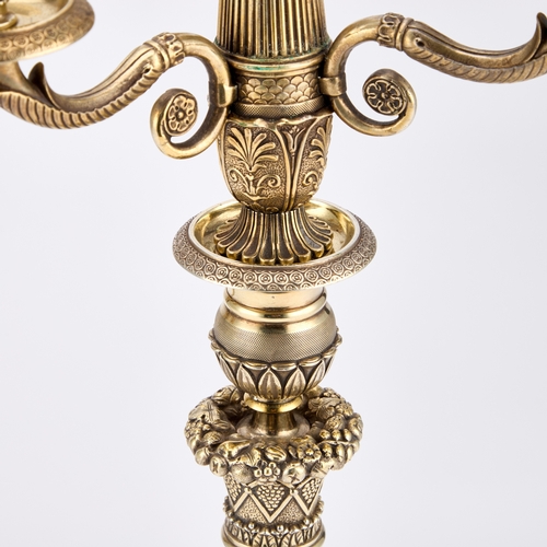 250 - A PAIR OF LATE 19TH CENTURY FRENCH PLATED SILVER-GILT CANDELABRA each with a three-branch superstruc... 